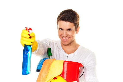 Carpet cleaning team following careful site safety procedures